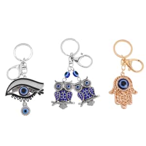 Set of 3 Murano Style, Resin, Blue and White Austrian Crystal Enameled Hamsa, Owl and Eye Keychain in Dualtone, Cute Keychains, Key Holders, Key Rings, Cool Keychains