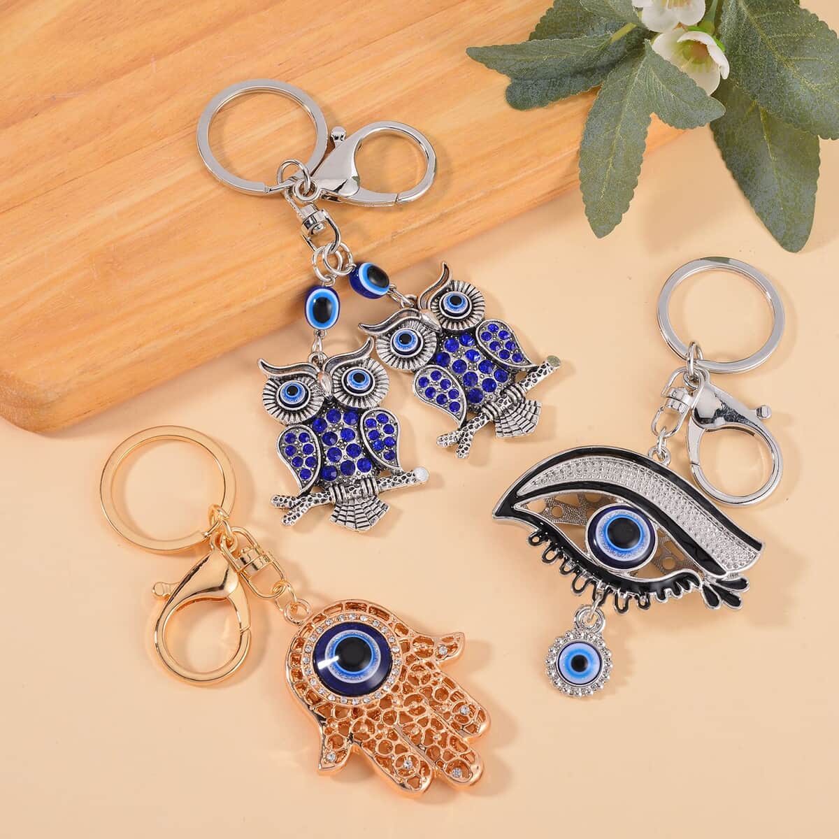Set of 3 Murano Style, Resin, Blue and White Austrian Crystal Enameled Hamsa, Owl and Eye Keychain in Dualtone, Cute Keychains, Key Holders, Key Rings, Cool Keychains image number 1