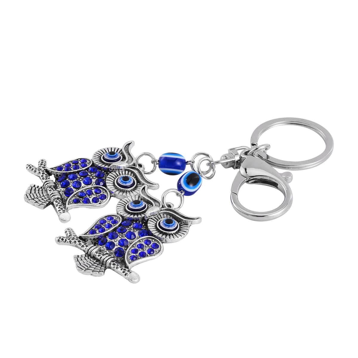 Set of 3 Murano Style, Resin, Blue and White Austrian Crystal Enameled Hamsa, Owl and Eye Keychain in Dualtone, Cute Keychains, Key Holders, Key Rings, Cool Keychains image number 2
