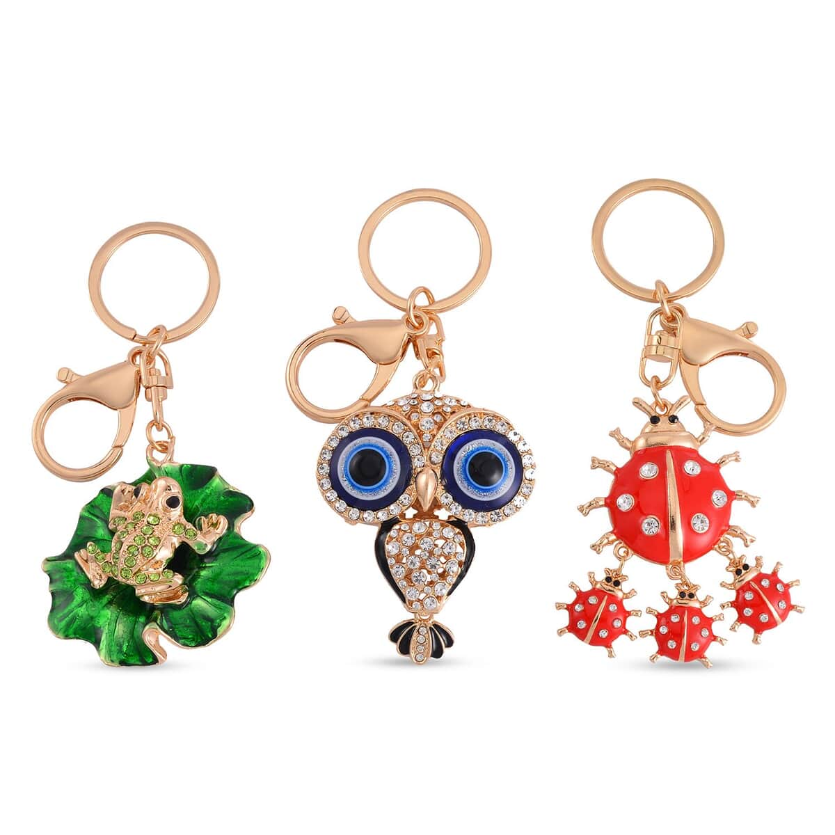 Set of 3 Silver Gray Color Glass, Multi Color Austrian Crystal Enameled Owl, Frog and Ladybug Keychain in Goldtone, Cute Keychains, Key Holders, Key Rings, Cool Keychains image number 0