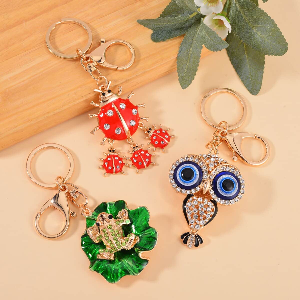 Set of 3 Silver Gray Color Glass, Multi Color Austrian Crystal Enameled Owl, Frog and Ladybug Keychain in Goldtone, Cute Keychains, Key Holders, Key Rings, Cool Keychains image number 1
