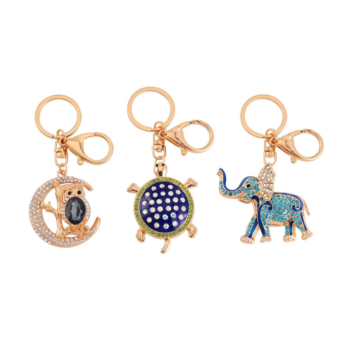 Set of 3 Silver Gray Color Glass, Multi Color Austrian Crystal Enameled Turtle, Elephant and Owl Keychain in Goldtone, Cute Keychains, Key Holders, Key Rings, Cool Keychains image number 0