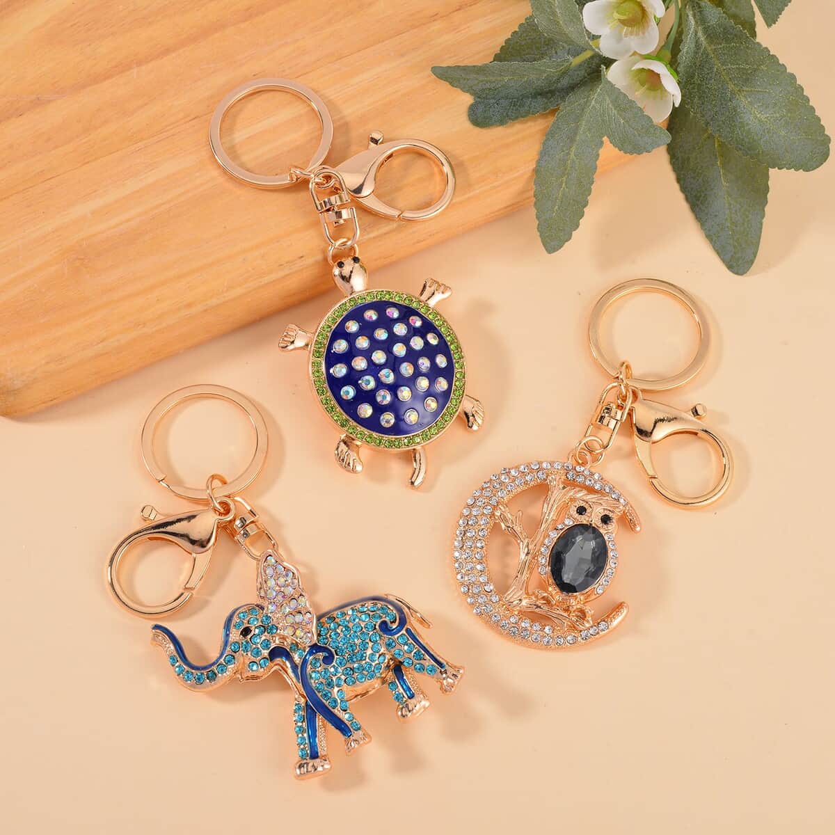 Set of 3 Silver Gray Color Glass, Multi Color Austrian Crystal Enameled Turtle, Elephant and Owl Keychain in Goldtone, Cute Keychains, Key Holders, Key Rings, Cool Keychains image number 1