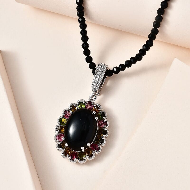 Australian Black Tourmaline and Multi Gemstone Halo Pendant with Black Spinel Beaded Necklace 20 Inches in Platinum Over Sterling Silver 92.50 ctw