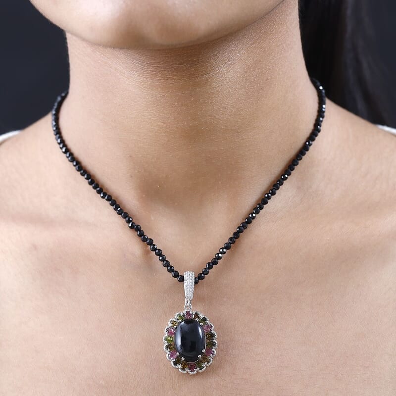 Australian Black Tourmaline and Multi Gemstone Halo Pendant with Black Spinel Beaded Necklace 20 Inches in Platinum Over Sterling Silver 92.50 ctw