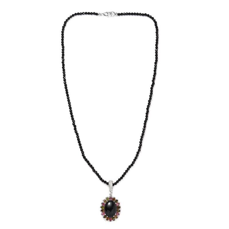 Australian Black Tourmaline and Multi Gemstone Halo Pendant with Black Spinel Beaded Necklace 20 Inches in Platinum Over Sterling Silver 92.50 ctw