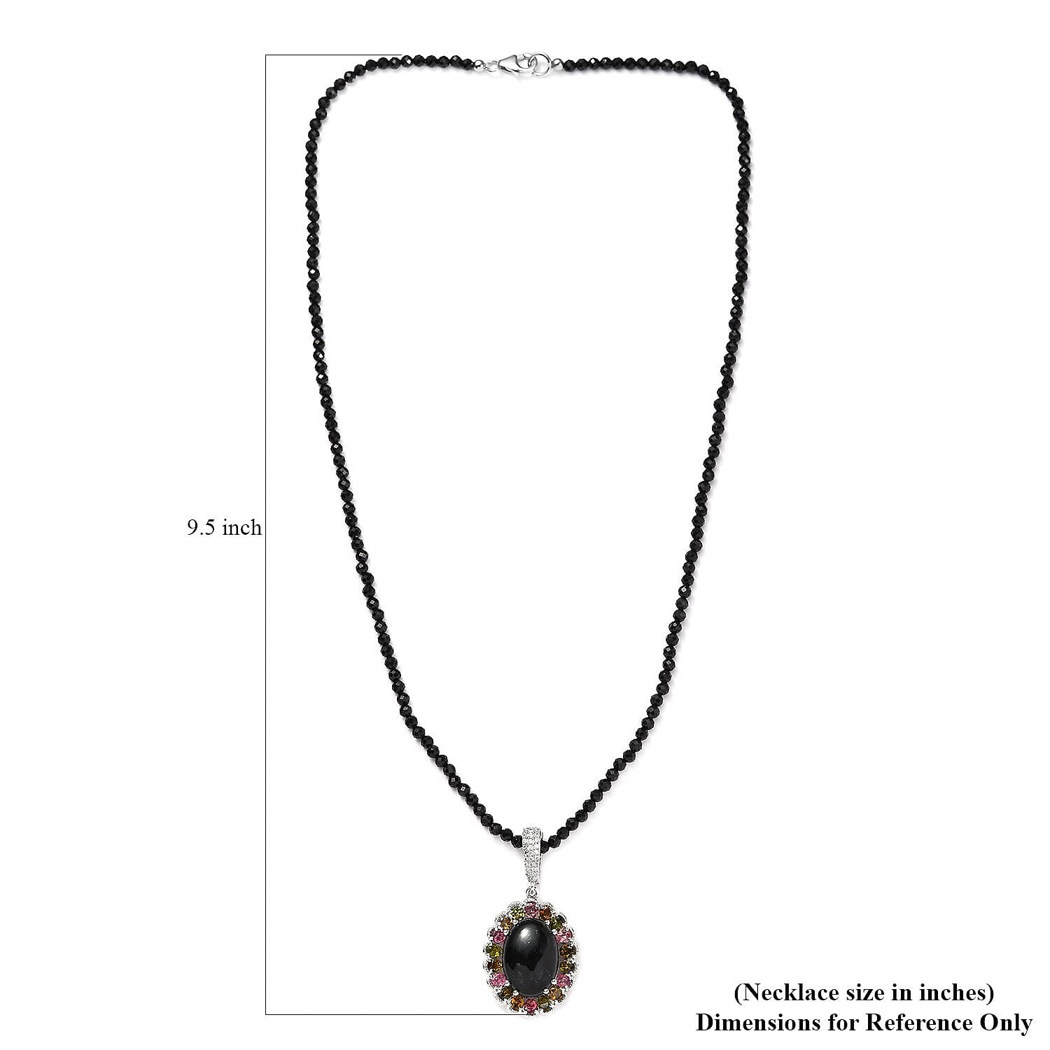 Australian Black Tourmaline and Multi Gemstone Halo Pendant with Black Spinel Beaded Necklace 20 Inches in Platinum Over Sterling Silver 92.50 ctw