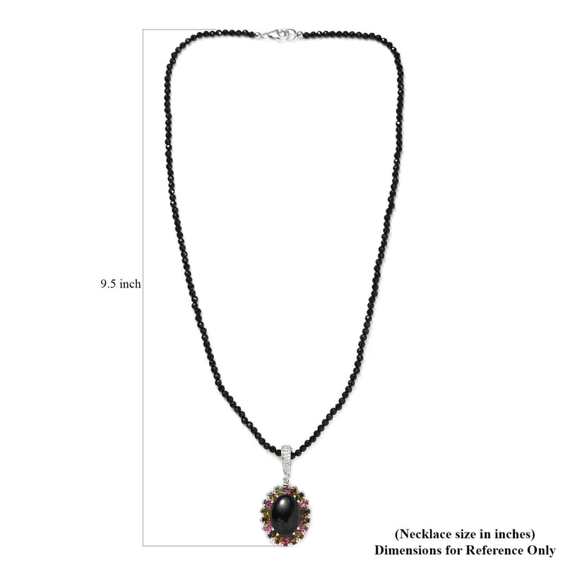 Australian Black Tourmaline and Multi Gemstone Halo Pendant with Black Spinel Beaded Necklace 20 Inches in Platinum Over Sterling Silver 92.50 ctw