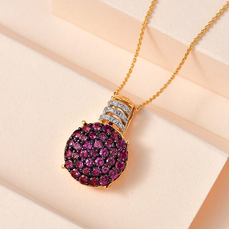 AAA Lotus Garnet and White Zircon Cluster Pendant Necklace 20 Inches in Vermeil Yellow Gold Over Sterling Silver 2.60 ctw