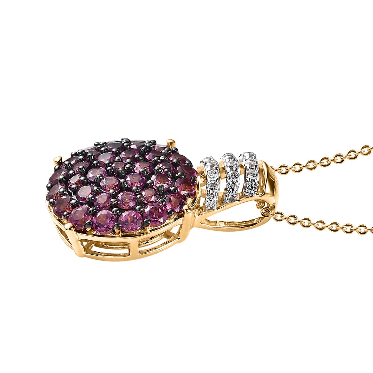 AAA Lotus Garnet and White Zircon Cluster Pendant Necklace 20 Inches in Vermeil Yellow Gold Over Sterling Silver 2.60 ctw image number 3