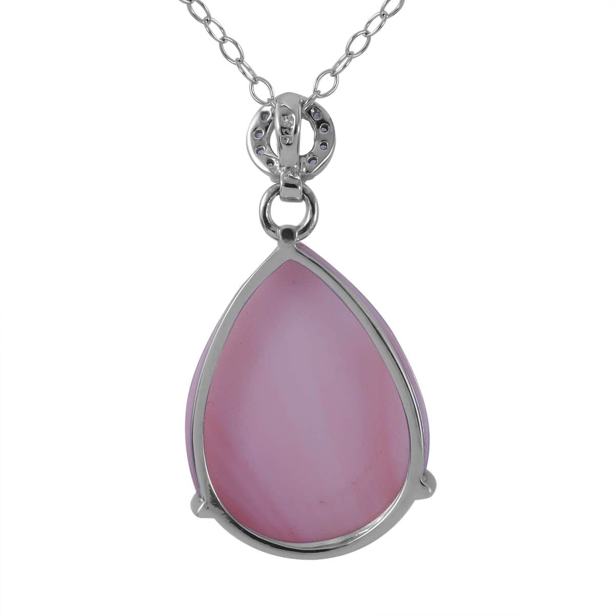 Pink Conch Shell Pearl and White Zircon Pendant Necklace 18 Inches in Platinum Over Sterling Silver 0.25 ctw image number 3