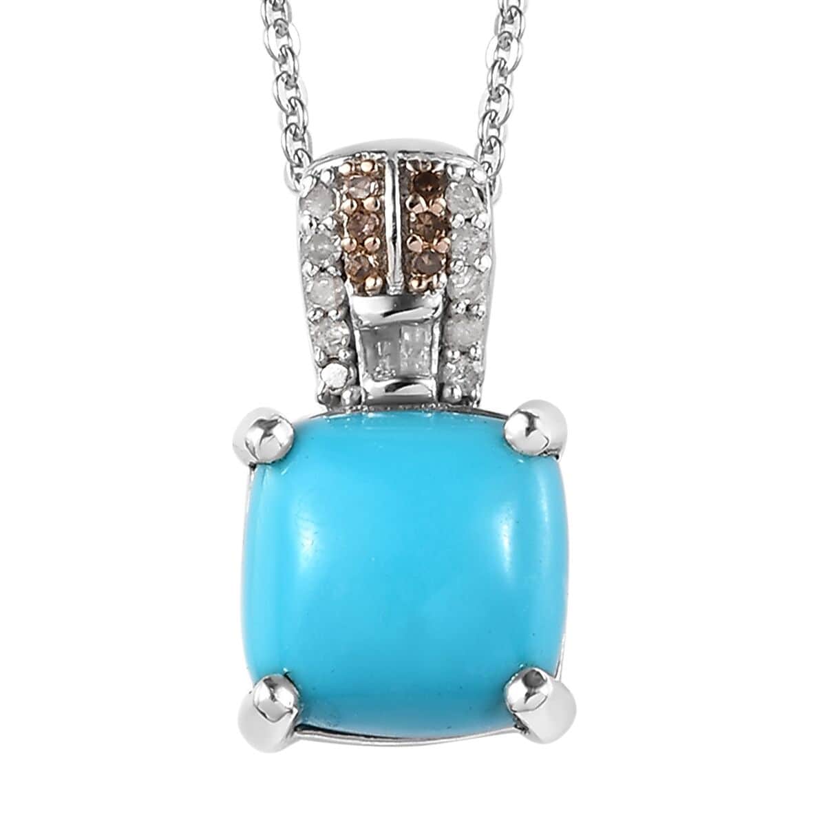 Sleeping Beauty Turquoise, Natural Champagne and White Diamond Pendant Necklace 20 Inches in Platinum Over Sterling Silver 3.40 ctw image number 0