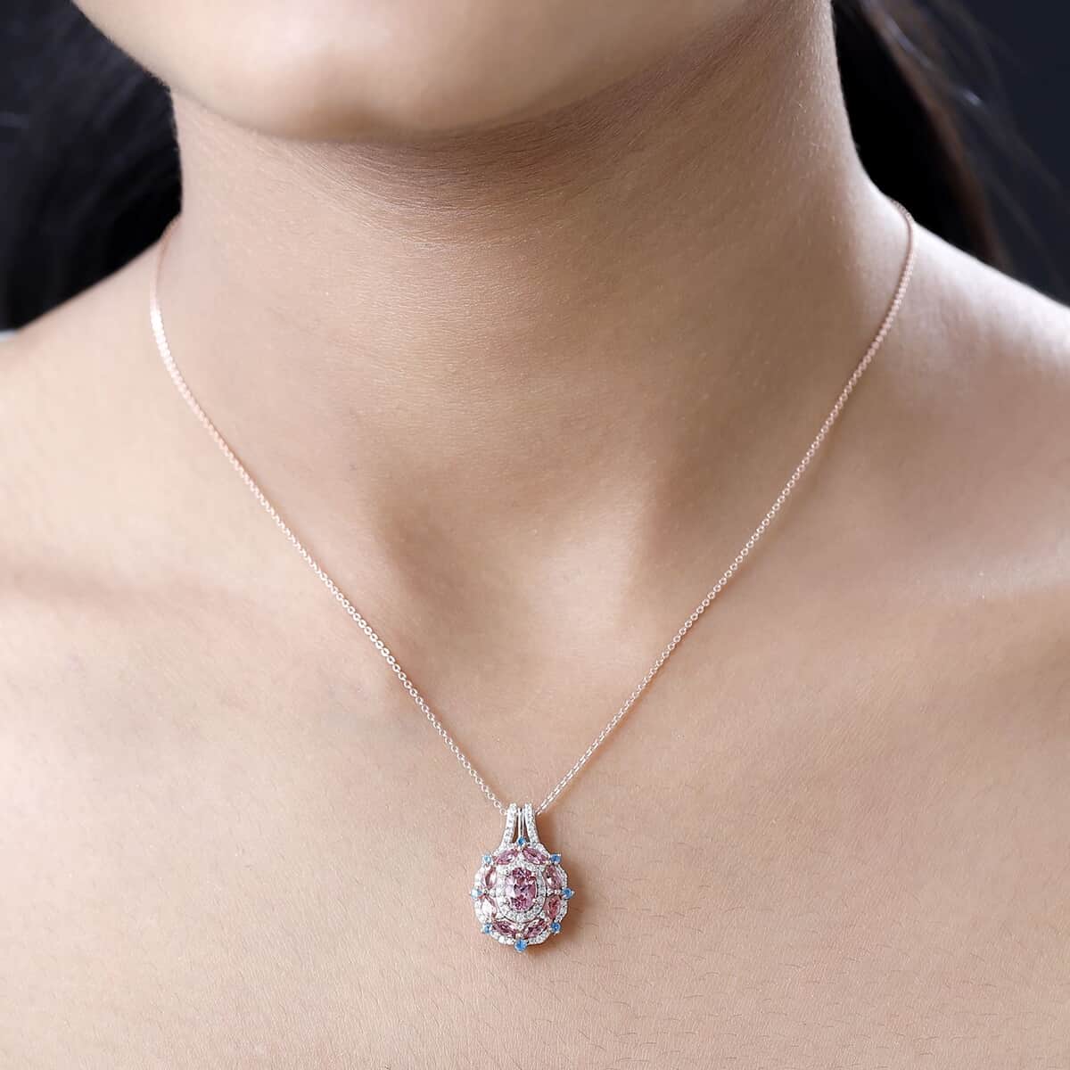 Premium Natural Calabar Pink Tourmaline and Multi Gemstone Pendant Necklace 20 Inches in Vermeil Rose Gold Over Sterling Silver 1.80 ctw image number 2
