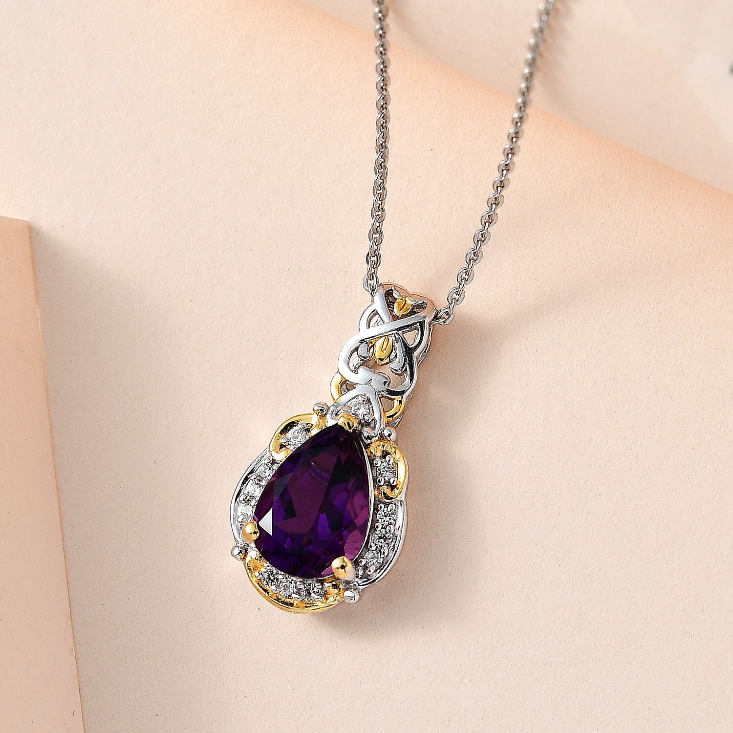 Premium Mashamba Amethyst and White Zircon Pendant Necklace 20 Inches in Vermeil YG and Platinum Over Sterling Silver 1.85 ctw