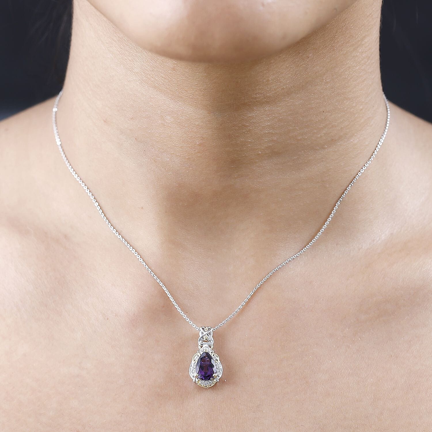 Premium Mashamba Amethyst and White Zircon Pendant Necklace 20 Inches in Vermeil YG and Platinum Over Sterling Silver 1.85 ctw