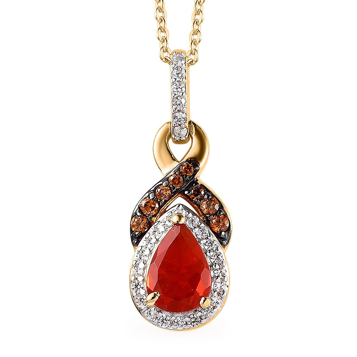 Mexican Cherry Fire Opal, Coffee and White Zircon Pendant Necklace 20 Inches in Vermeil Yellow Gold Over Sterling Silver 1.10 ctw