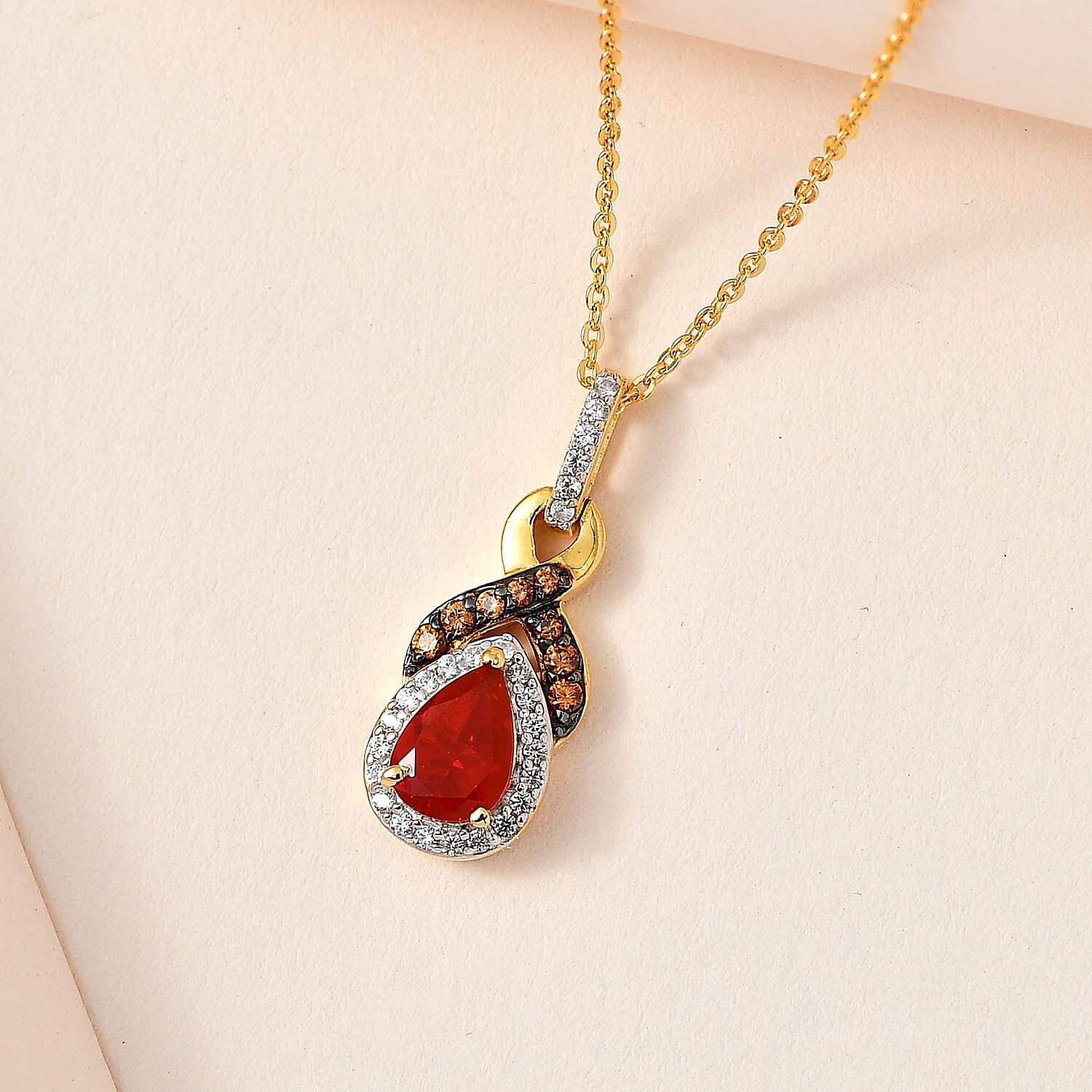 Mexican Cherry Fire Opal, Coffee and White Zircon Pendant Necklace 20 Inches in Vermeil Yellow Gold Over Sterling Silver 1.10 ctw