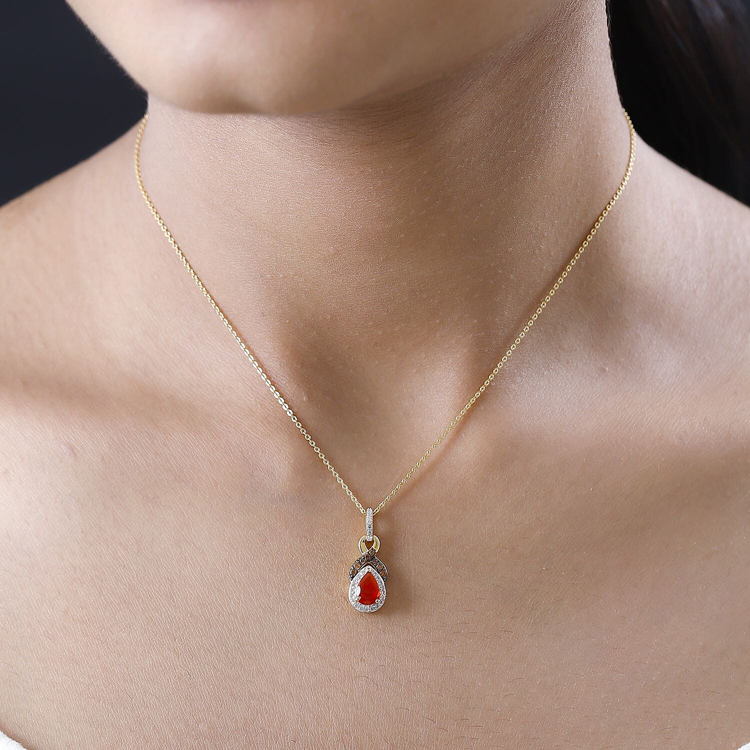 Mexican Cherry Fire Opal, Coffee and White Zircon Pendant Necklace 20 Inches in Vermeil Yellow Gold Over Sterling Silver 1.10 ctw