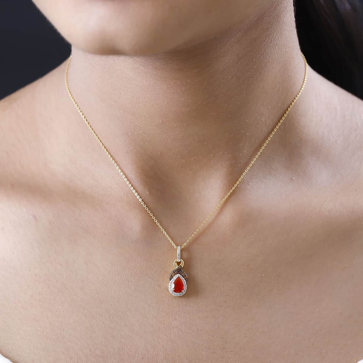 Mexican Cherry Fire Opal, Coffee and White Zircon Pendant Necklace 20 Inches in Vermeil Yellow Gold Over Sterling Silver 1.10 ctw image number 2