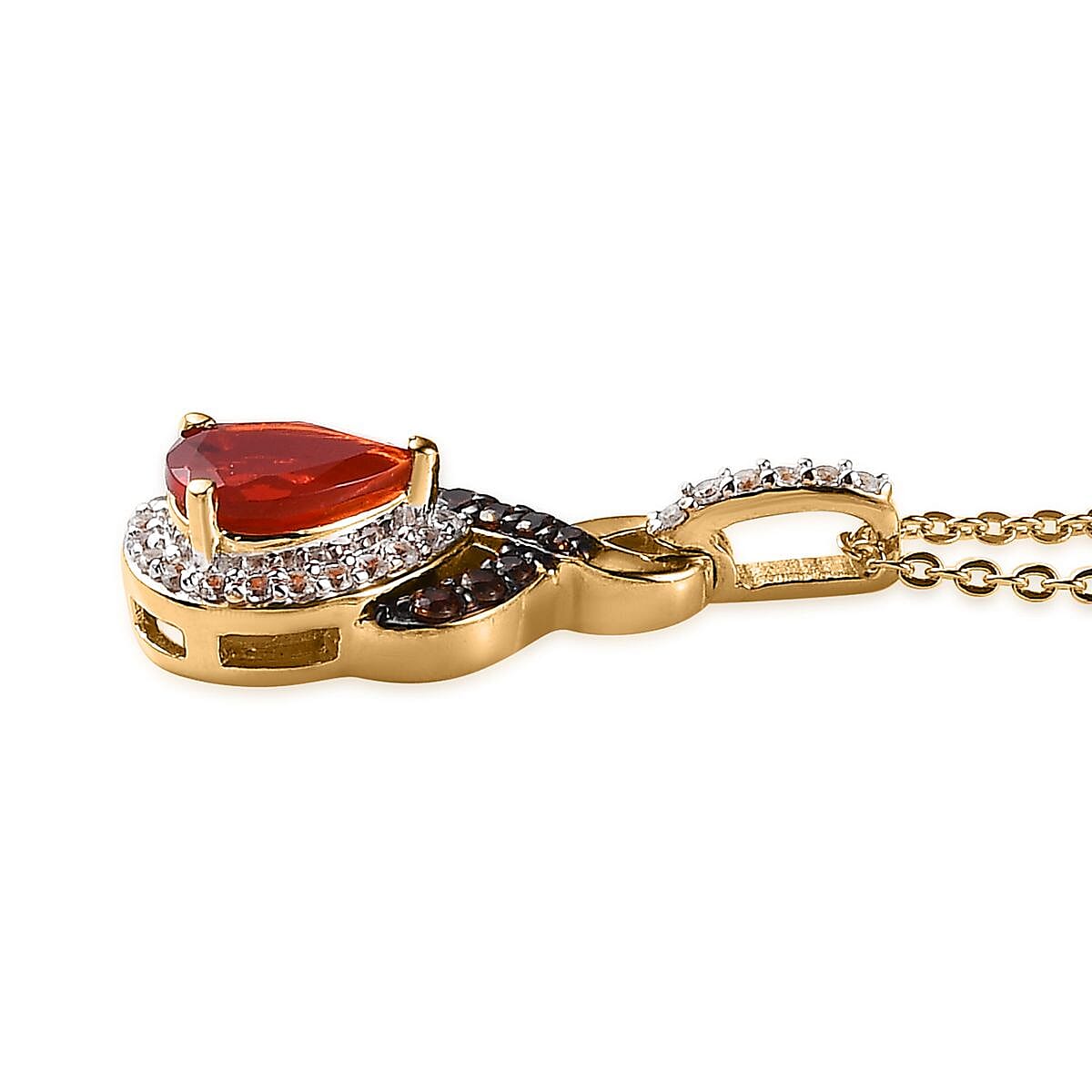Mexican Cherry Fire Opal, Coffee and White Zircon Pendant Necklace 20 Inches in Vermeil Yellow Gold Over Sterling Silver 1.10 ctw
