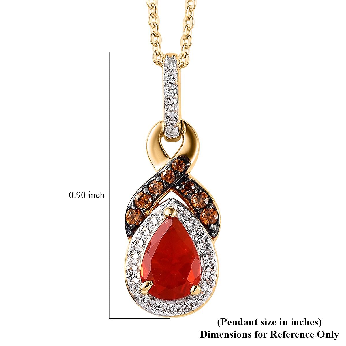 Mexican Cherry Fire Opal, Coffee and White Zircon Pendant Necklace 20 Inches in Vermeil Yellow Gold Over Sterling Silver 1.10 ctw