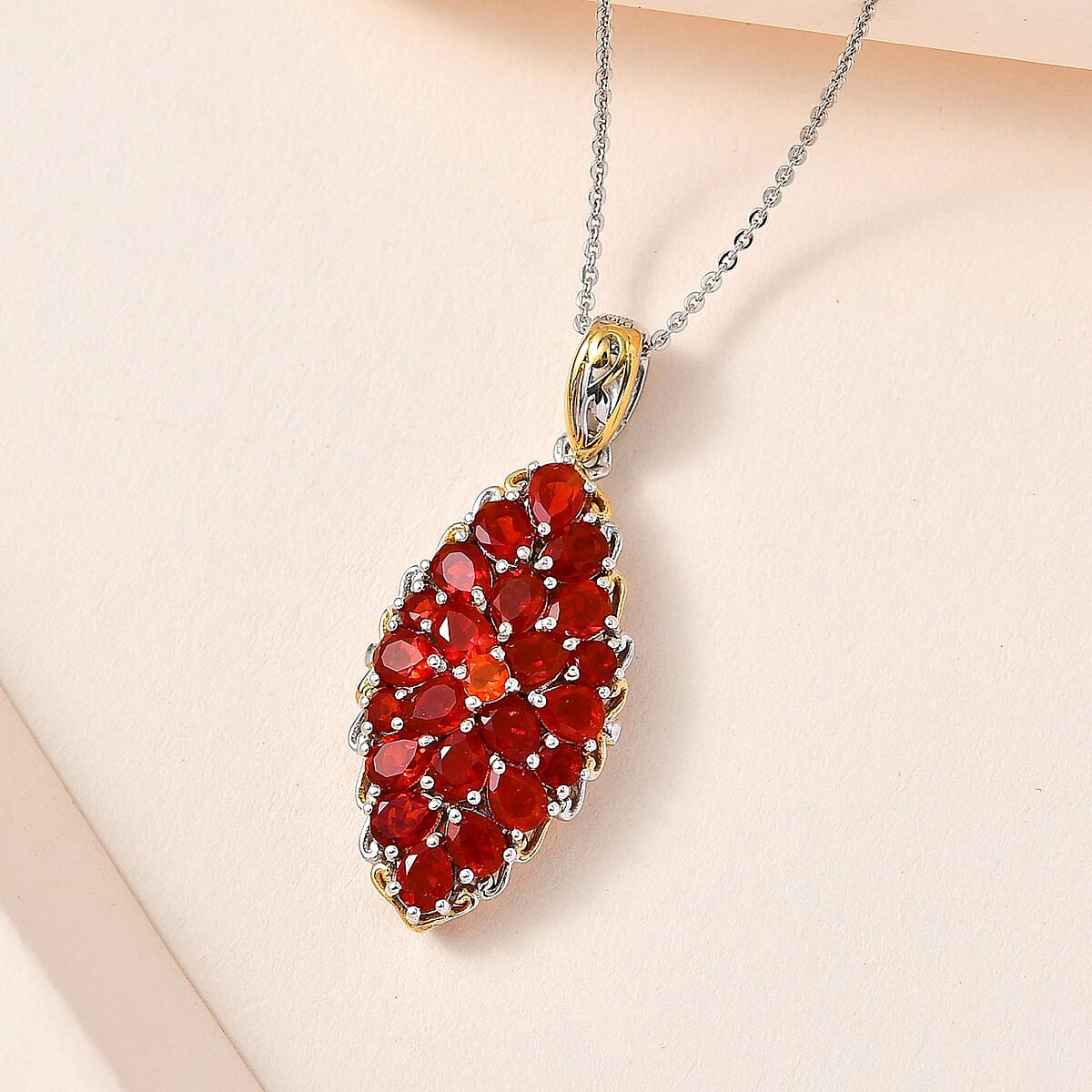 Mexican Cherry Fire Opal Elongated Pendant Necklace 20 Inches in Vermeil Yellow Gold and Platinum Over Sterling Silver 4.10 ctw image number 1