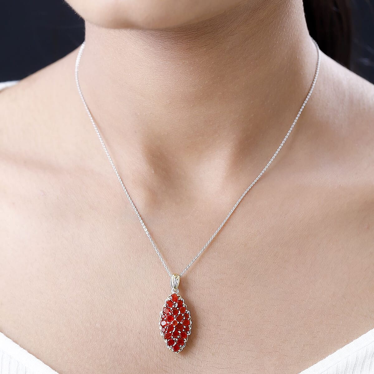 Mexican Cherry Fire Opal Elongated Pendant Necklace 20 Inches in Vermeil Yellow Gold and Platinum Over Sterling Silver 4.10 ctw image number 2