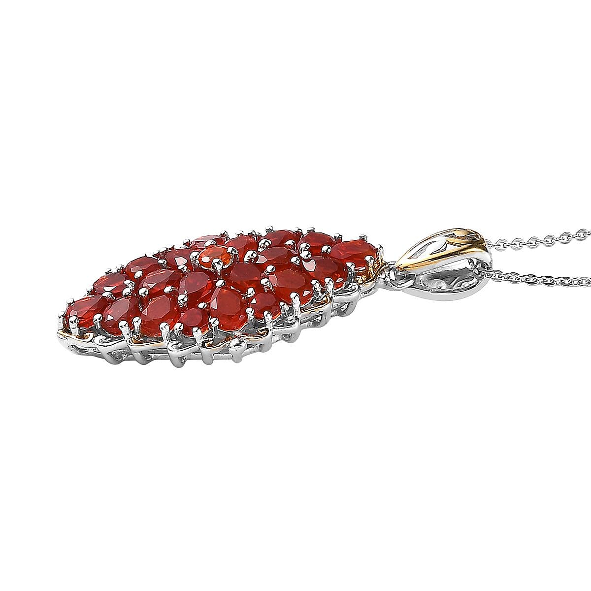 Mexican Cherry Fire Opal Elongated Pendant Necklace 20 Inches in Vermeil Yellow Gold and Platinum Over Sterling Silver 4.10 ctw image number 3