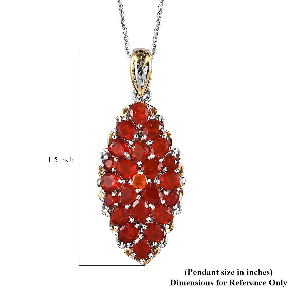 Mexican Cherry Fire Opal Elongated Pendant Necklace 20 Inches in Vermeil Yellow Gold and Platinum Over Sterling Silver 4.10 ctw image number 6