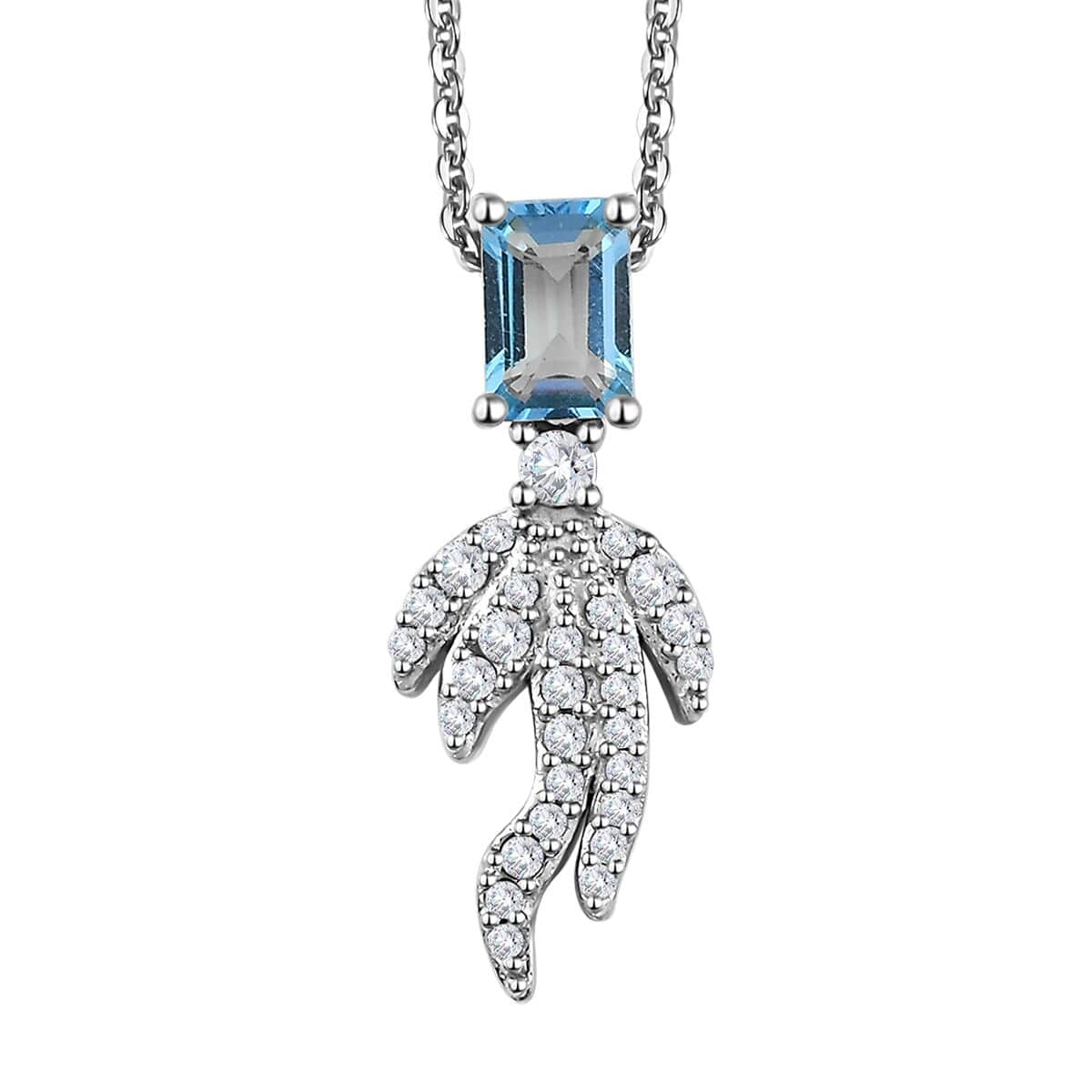 Blue Topaz and White Zircon Fish Tail Pendant Necklace 20 Inches in Platinum Over Sterling Silver 1.10 ctw image number 0