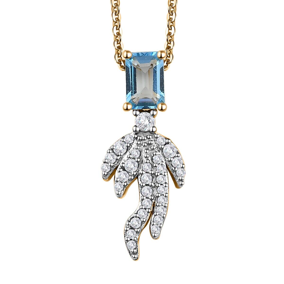 Blue Topaz and White Zircon Fish Tail Pendant Necklace 20 Inches in Vermeil Yellow Gold Over Sterling Silver 1.10 ctw image number 0