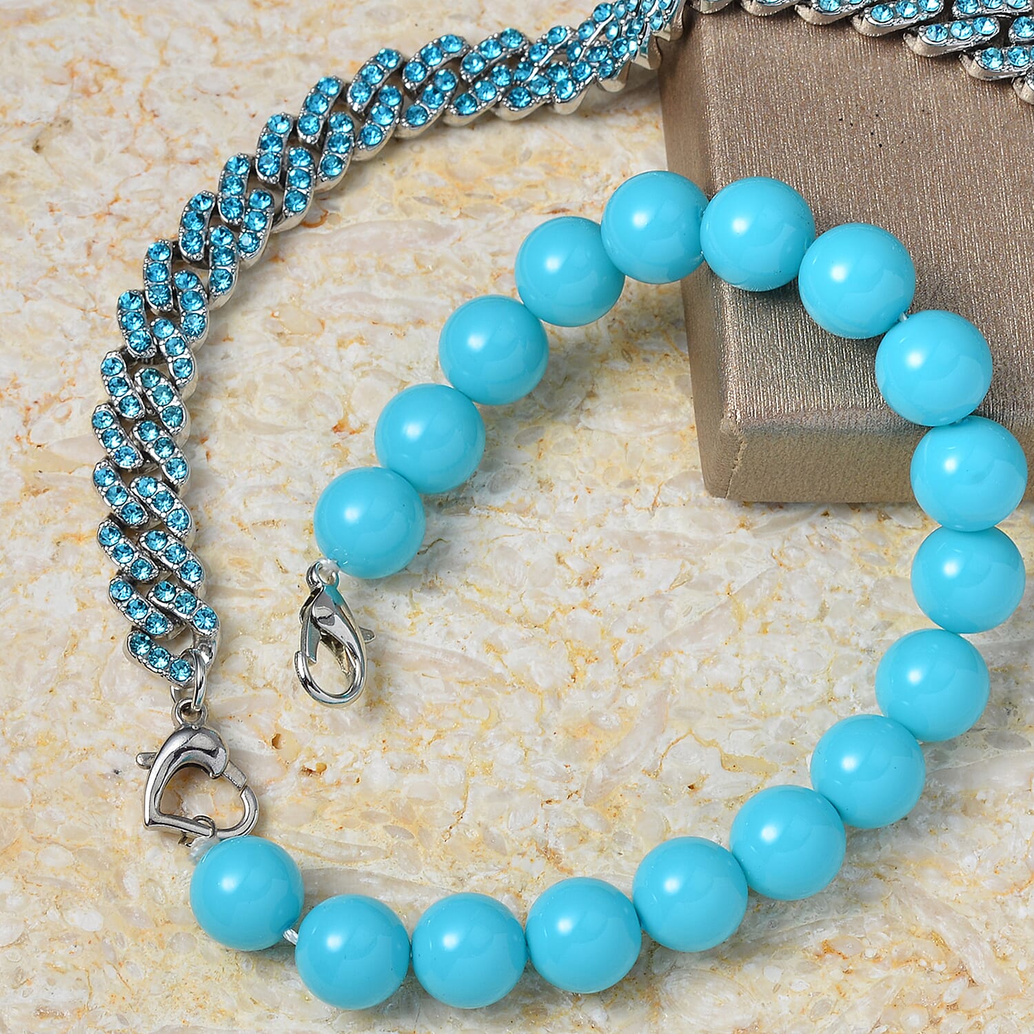 Blue Shell Pearl and Blue Austrian Crystal Set of 2 Bracelet (8-12In) or Necklace 16-20 Inches in Silvertone