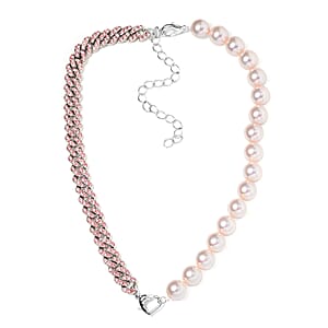 Pink Shell Pearl, Pink Austrian Crystal Set of 2 Bracelet (8-12In) or Necklace 16-20 Inches in Silvertone