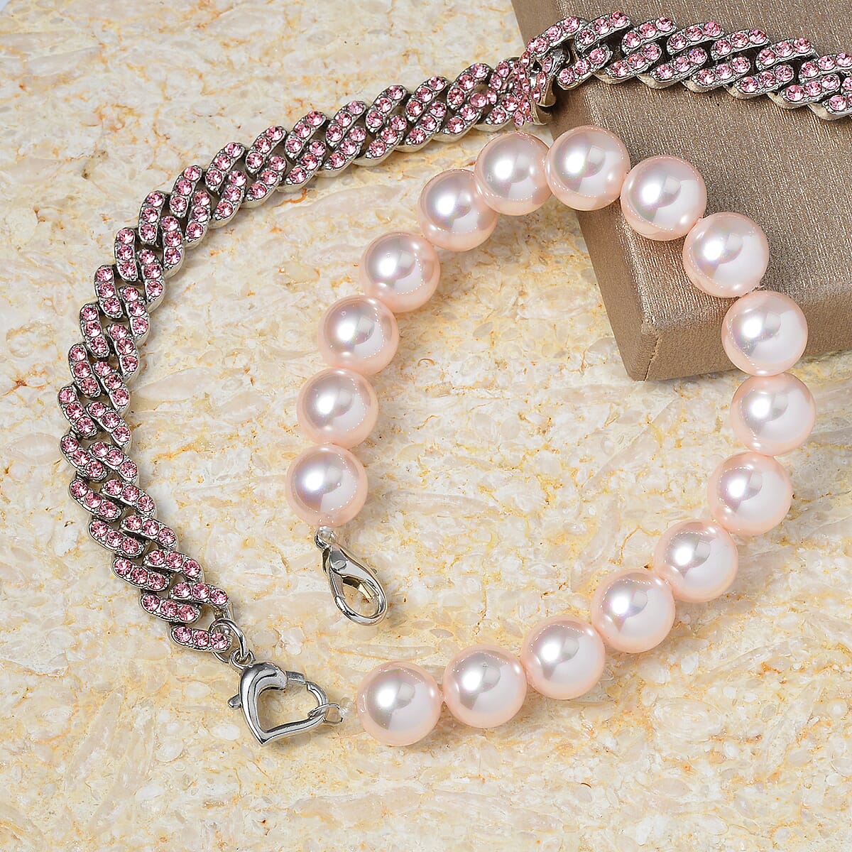Pink Shell Pearl, Pink Austrian Crystal Set of 2 Bracelet (8-12In) or Necklace 16-20 Inches in Silvertone image number 1