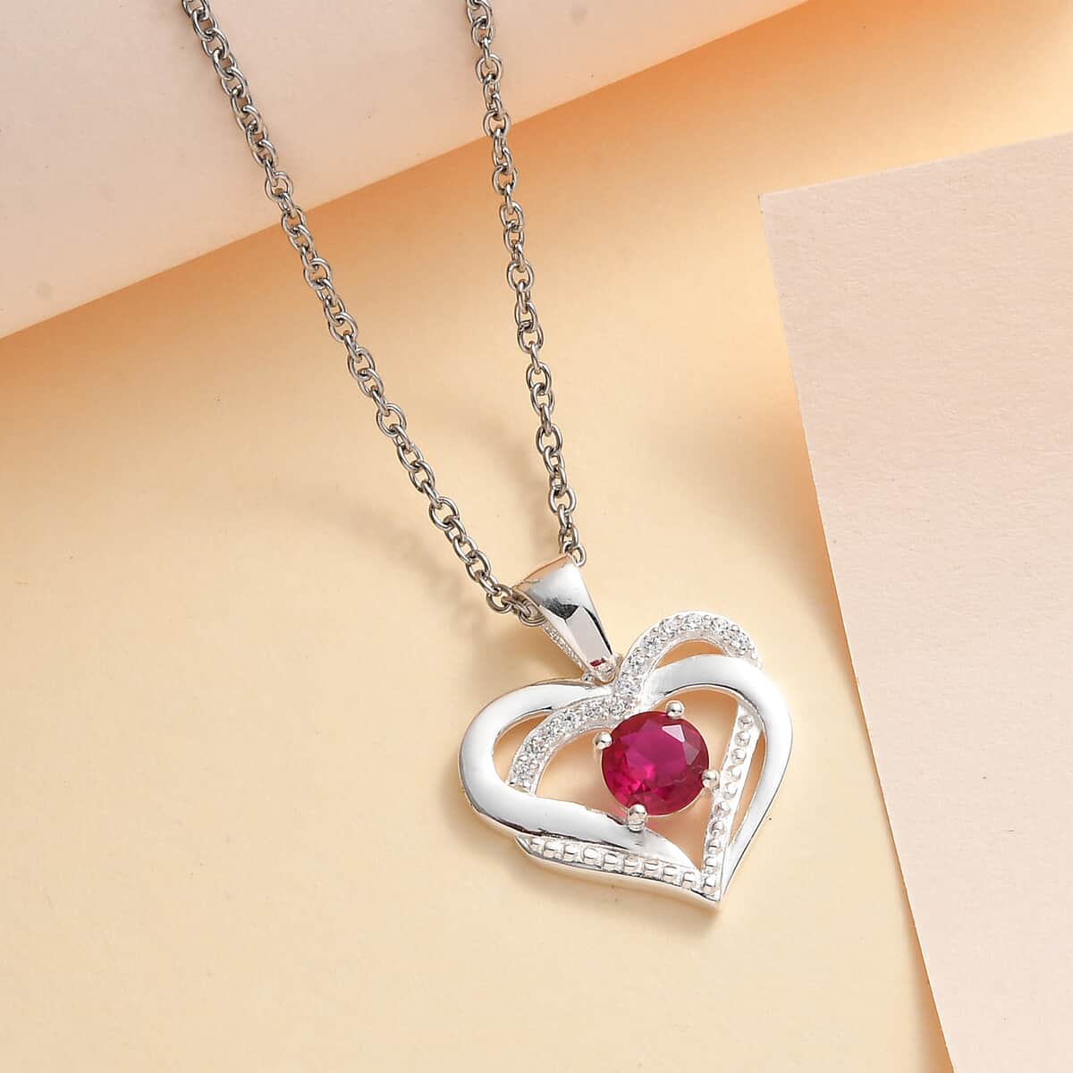 Simulated Red and White Diamond 0.85 ctw Pendant in Sterling Silver with Stainless Steel Necklace 20 Inches image number 1