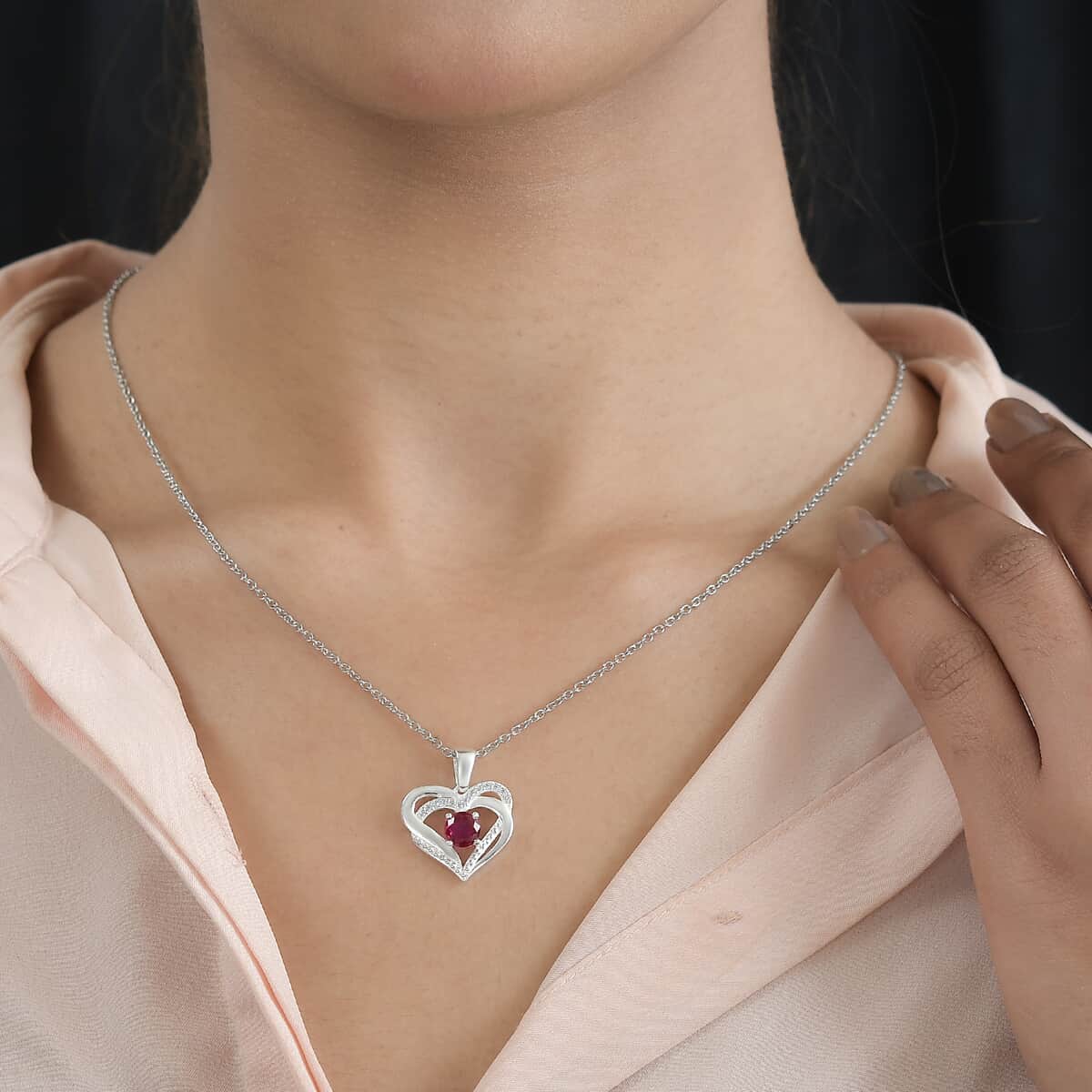 Simulated Red and White Diamond 0.85 ctw Pendant in Sterling Silver with Stainless Steel Necklace 20 Inches image number 2