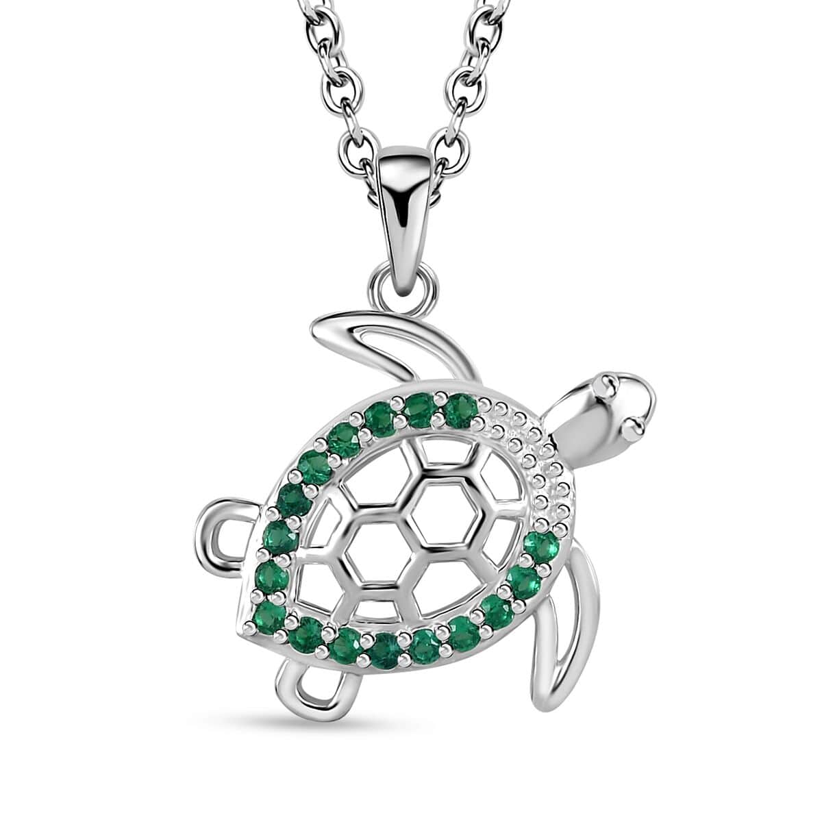 Simulated Green Diamond Turtle Pendant in Sterling Silver with Stainless Steel Necklace 20 Inches 0.30 ctw image number 0