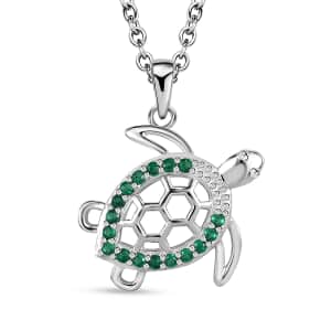 Simulated Green Diamond Turtle Pendant in Sterling Silver with Stainless Steel Necklace 20 Inches 0.30 ctw
