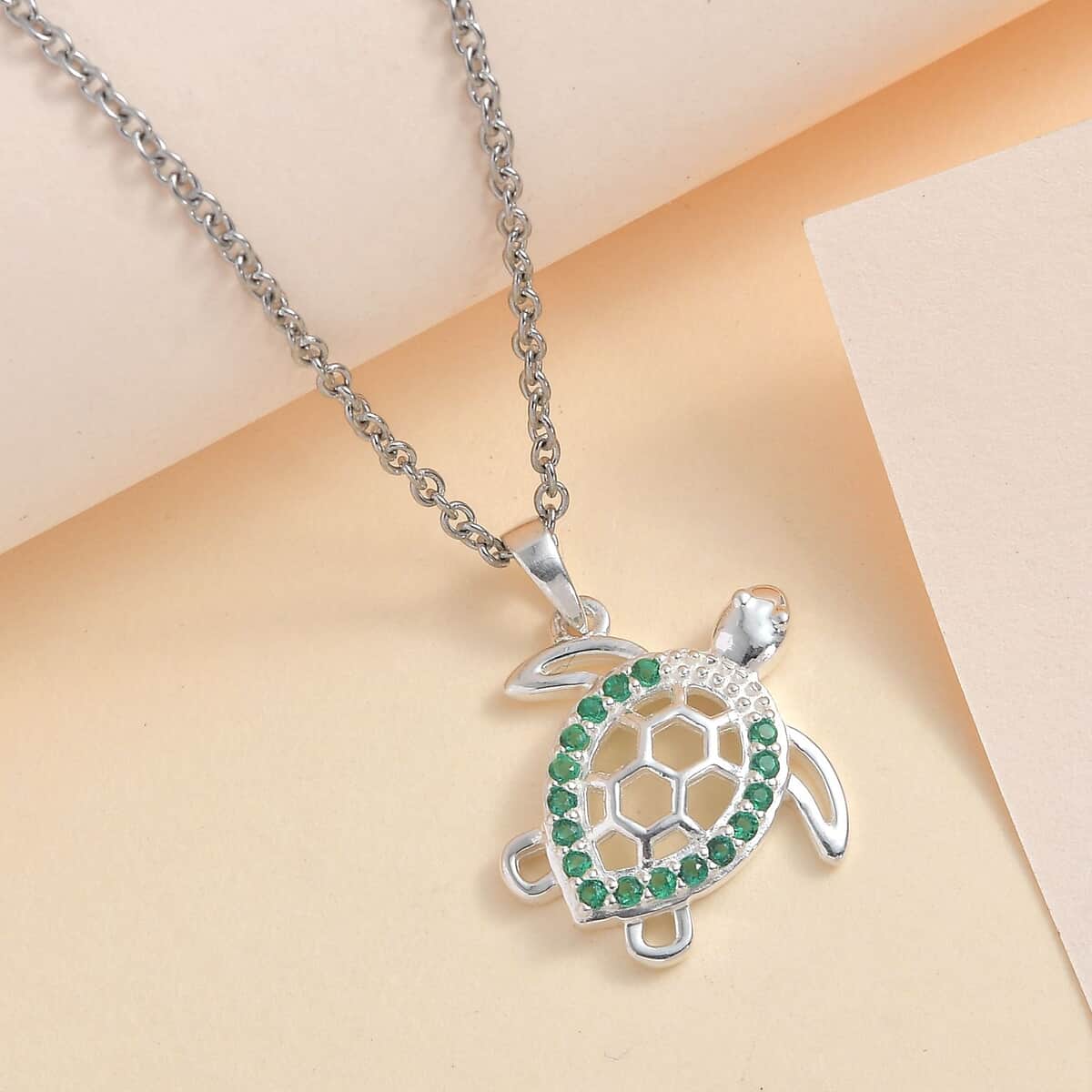 Simulated Green Diamond Turtle Pendant in Sterling Silver with Stainless Steel Necklace 20 Inches 0.30 ctw image number 1