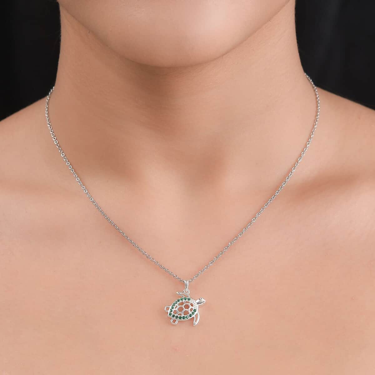 Simulated Green Diamond Turtle Pendant in Sterling Silver with Stainless Steel Necklace 20 Inches 0.30 ctw image number 2