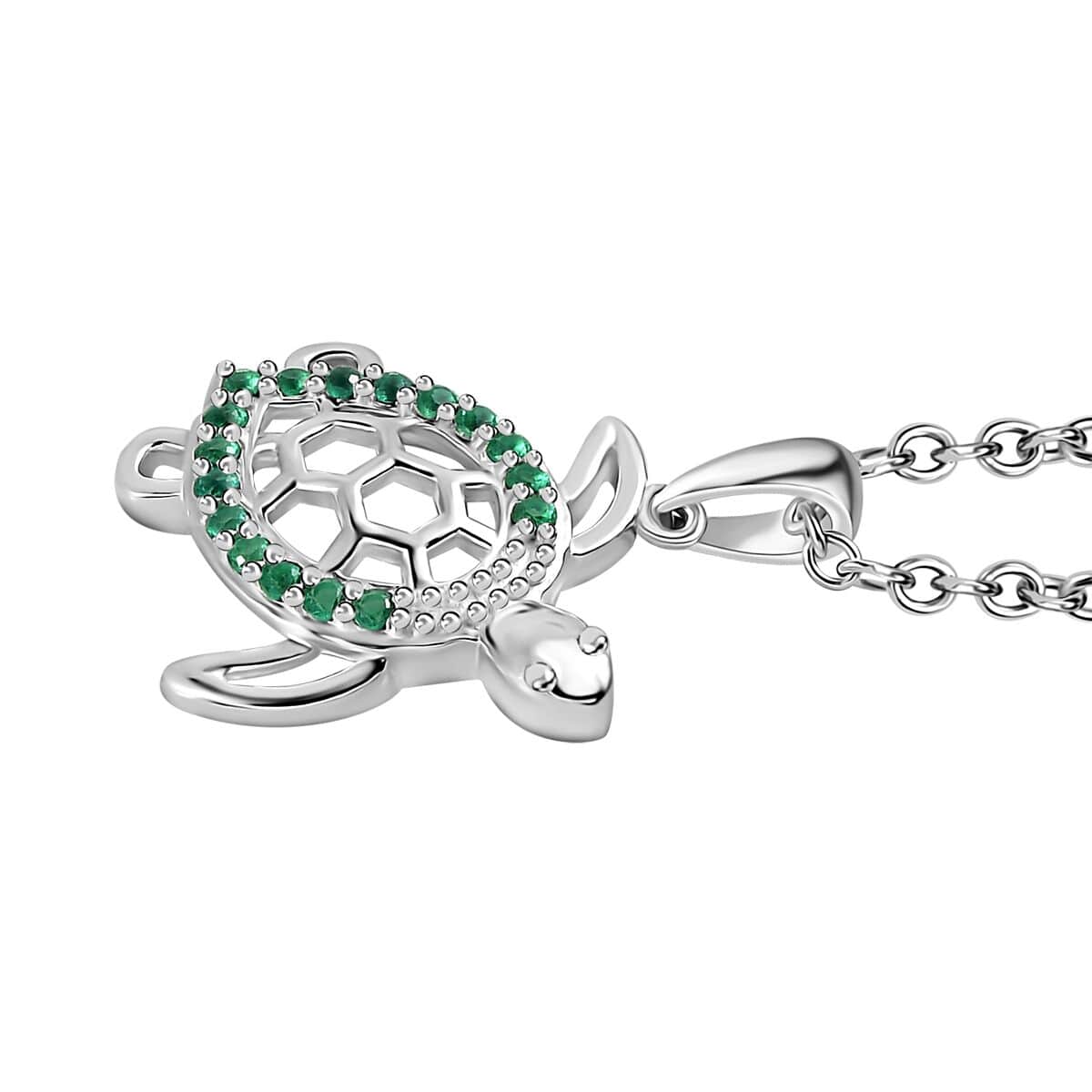 Simulated Green Diamond Turtle Pendant in Sterling Silver with Stainless Steel Necklace 20 Inches 0.30 ctw image number 3