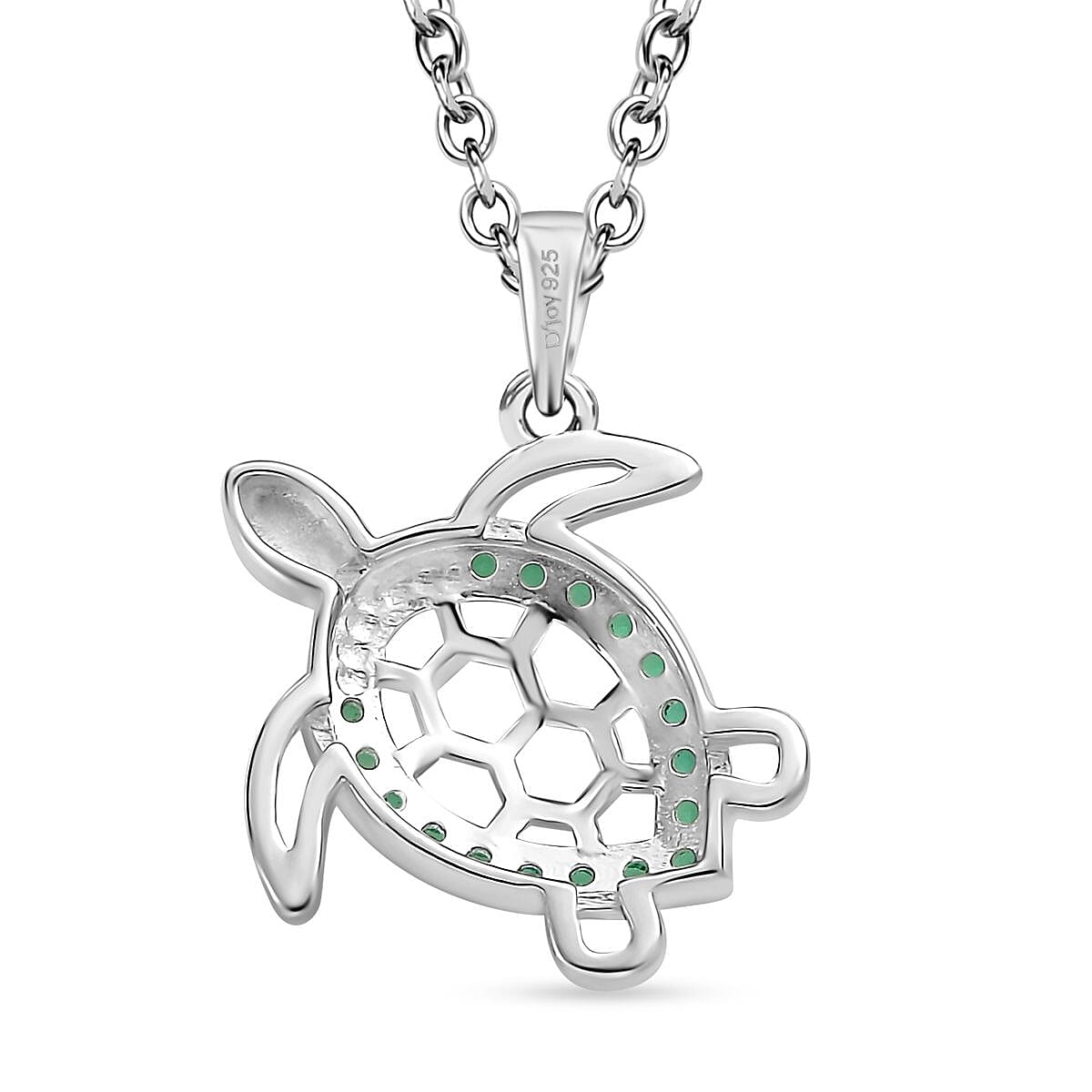 Simulated Green Diamond Turtle Pendant in Sterling Silver with Stainless Steel Necklace 20 Inches 0.30 ctw