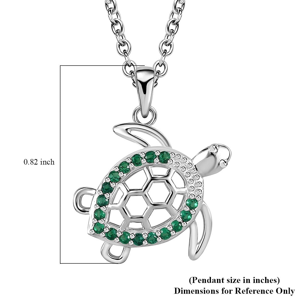 Simulated Green Diamond Turtle Pendant in Sterling Silver with Stainless Steel Necklace 20 Inches 0.30 ctw
