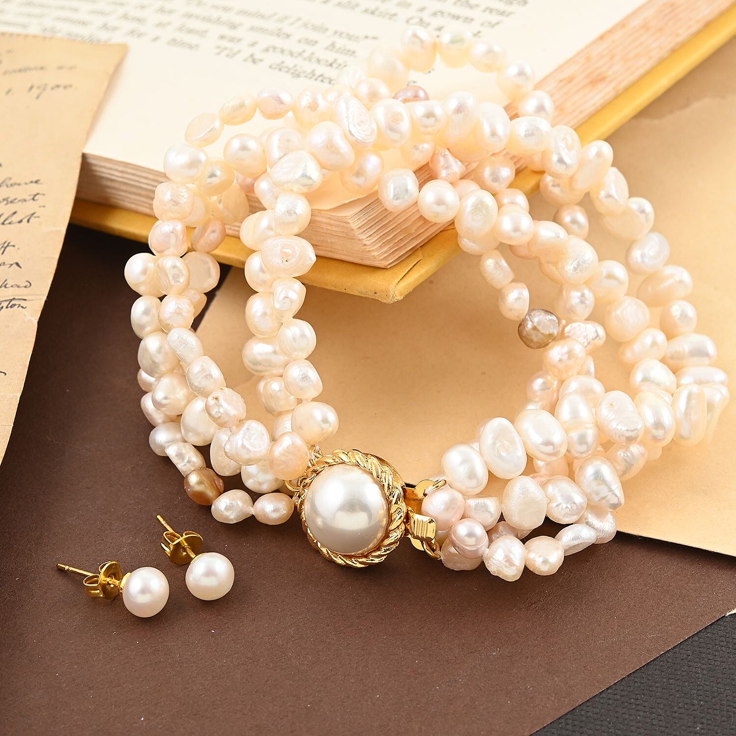 Freshwater Cultured Pearl Bracelet (7.00 In) and Stud Earrings in ION Plated YG Stainless Steel