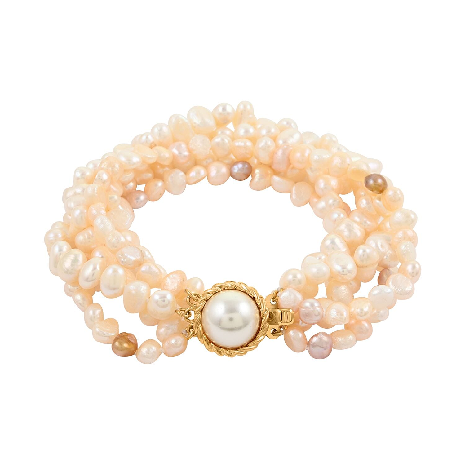 Freshwater Cultured Pearl Bracelet (7.00 In) and Stud Earrings in ION Plated YG Stainless Steel