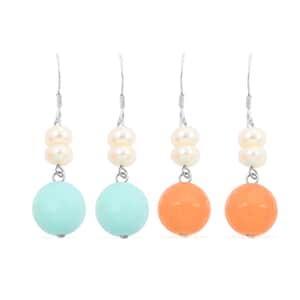 Blue and Orange Jade (D) and Freshwater Pearl Set of 2 Earrings in Sterling Silver 15.00 ctw