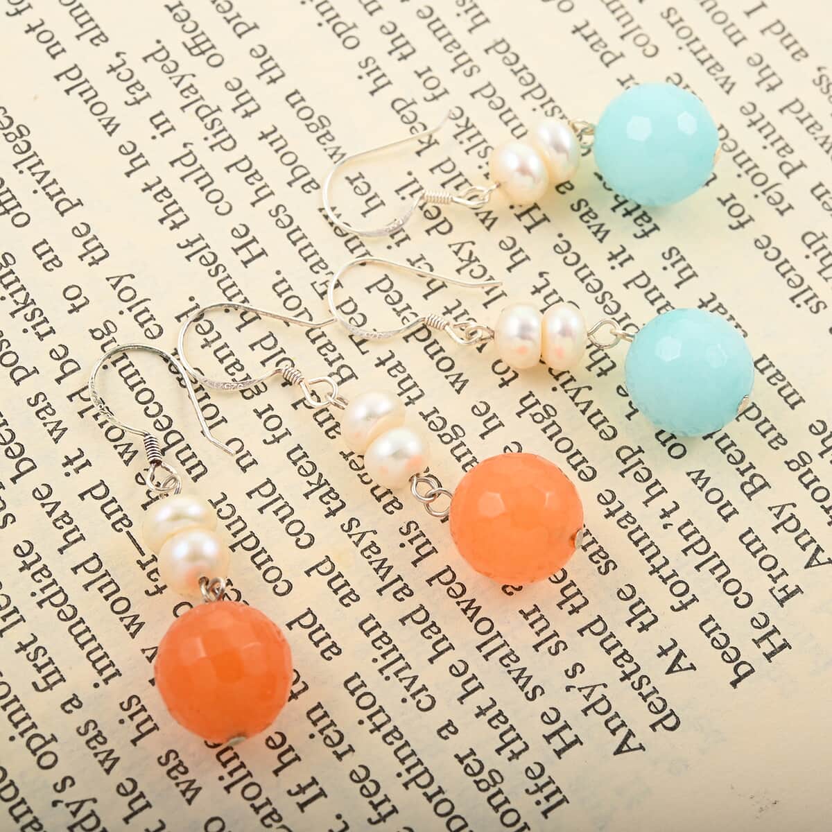 Freshwater Cultured Pearl, Blue and Orange Jade Set of 2 Earrings in Sterling Silver 15.00 ctw image number 1