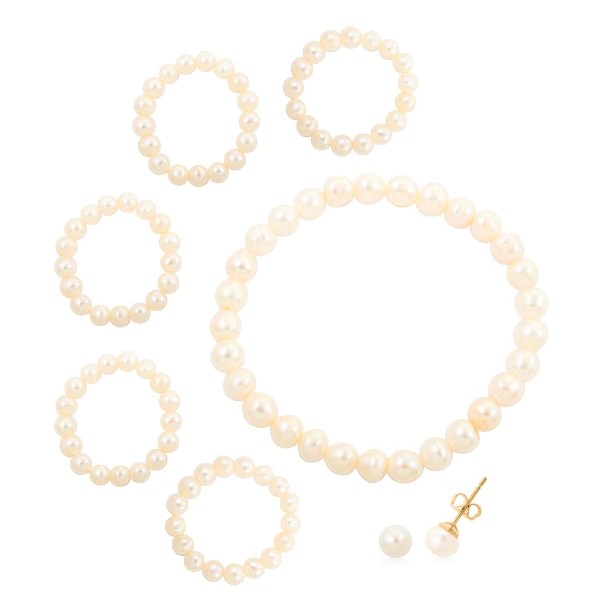 7 Piece Set -Freshwater Cultured Pearl Set of 5 Stretch Ring, Bracelet and Stud Earrings in ION Plated YG Stainless Steel image number 0