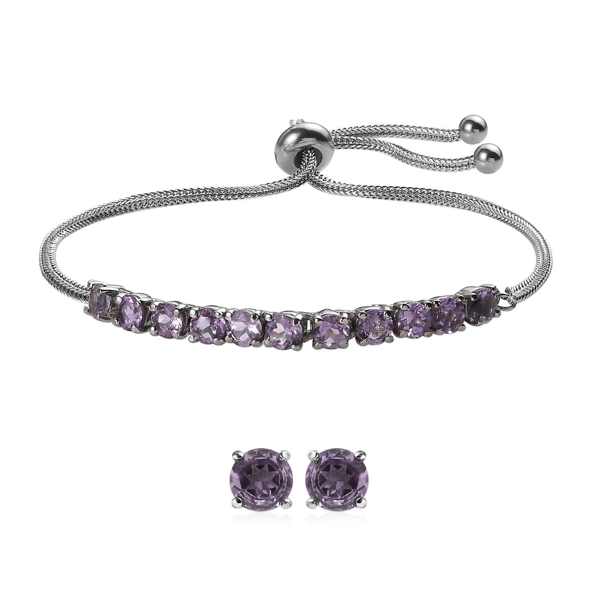 Rose De France Amethyst Bolo Bracelet and Stud Earrings in Stainless Steel 3.60 ctw image number 0