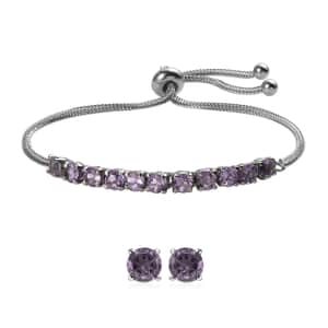 Rose De France Amethyst Bolo Bracelet and Stud Earrings in Stainless Steel 3.60 ctw